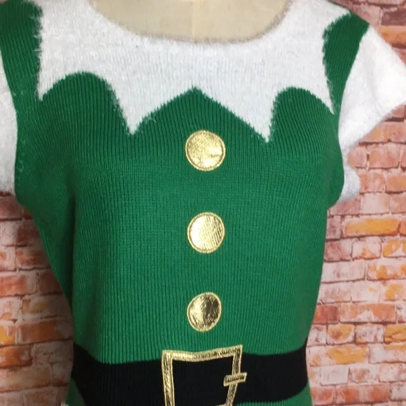 Holiday Time Sort Sleeved Green and White Ugly Christmas Sweater Elf Min… - Picture 3 of 6
